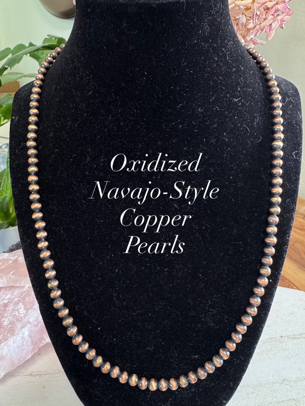 Navajo-Style Oxidized Copper Pearl Necklace - 4.5mm beads